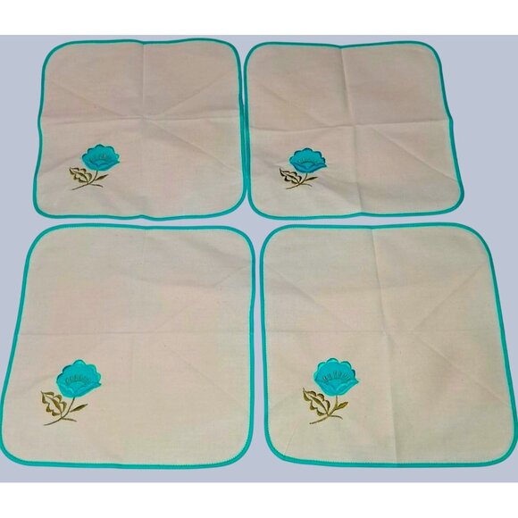 Set Of 4 Embroidered Floral Cloth Napkins With Teal Trim - Picture 1 of 8